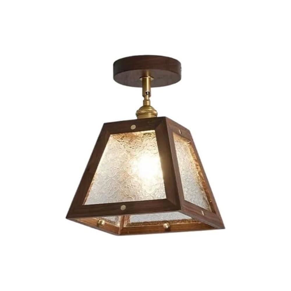 STUIJKVSZ Mid Century Retro Flush Mount Ceiling Light, 10.6-Inch Black Walnut Wood Brass Fixture, Embossed Patterned Glass Shade Lamp for Hallway Kitchen Entryway Porch, E26 Base(Crystal Clear)