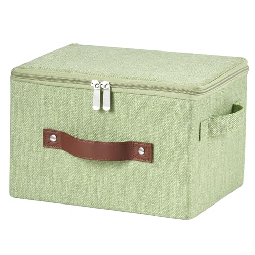 VinneGenzz Storage Bins with Zipper Lid Cotton Linen Fabric Lidded Storage Baskets Boxes Foldable Washable Closet Shelf Clothes Organizer Container with PU Leather Handles (Green, Small Size)