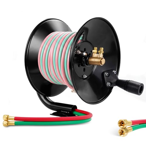 Manual Twin Welding Hose Reel Holds 100 ft of 3/8 or 1/4 Gas Hose Universal Mounting Bracket for Wall Ceiling or Cart (Hose Not Included)