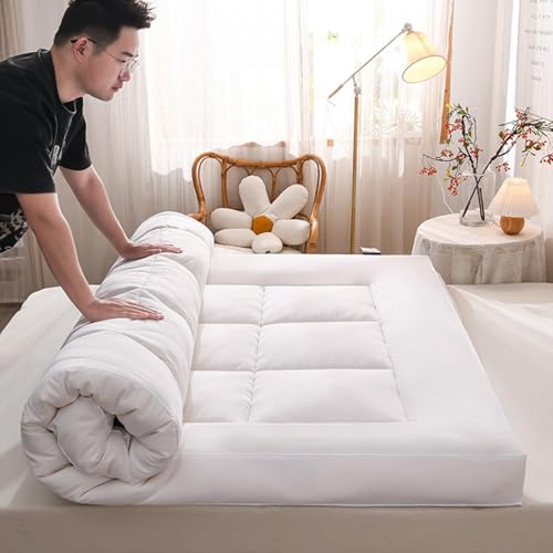Cubrecolchón plegable japonés extra grueso de 10 cm, doble y individual, para cama de invitados, alivio del dolor suave y transpirable, color blanco, 150 x 200 cm