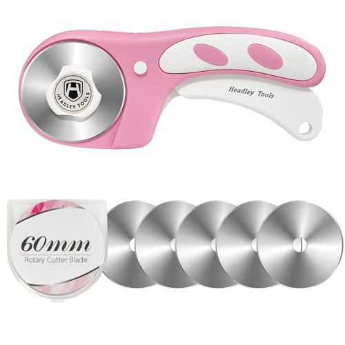 Headley Tools Rotary Cutter 60mm Upgraded with Bearing Design for Smoother and deeper cutting Ergonomic Handle Rolling Cutter with Safety Lock for Fabric Fabric Leather Crafting Sewing Pink