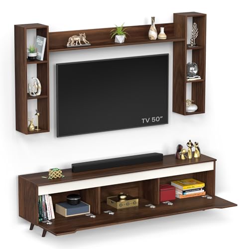 Image of BLUEWUD Blesky Miltra TV Unit Multipurpose Combo, TV Stand with top shelf for Decor Display, TV Entertainment Unit with Handleless doors, for Living Room, Home (DIY- Brown Maple) (Blesky Miltra Combo)