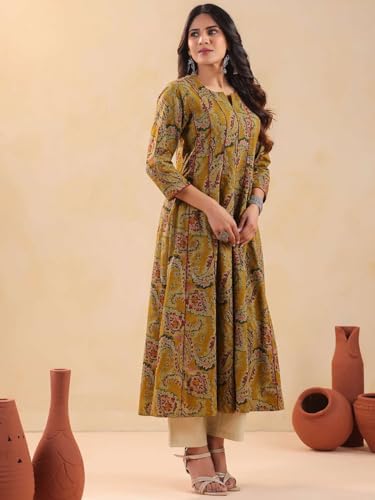Image of Rimeline Women's Cotton Anarkali Kurta | Printed Flared Ethnic Kurti with 3 /4 Sleeves | Festive & Casual Wear