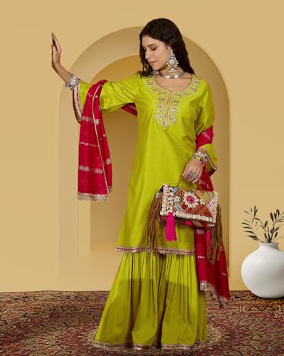 Image of Amazon Brand - Tavasya Women Silk Blend Zari Sequence and Thread Embroidered Kurta with Sharara Set |Ethnic Wear