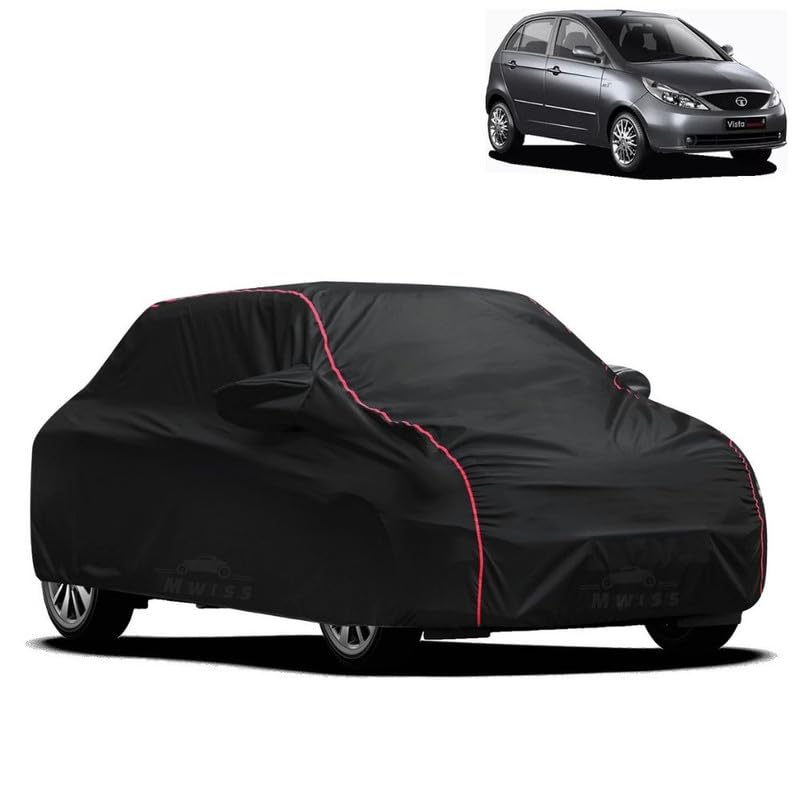 Image of Waterproof Car Cover for Tata Indica Vista | All-Weather Protection, Dustproof & UV Resistant | Triple Stitched Mirror Pockets, Windproof Buckle Strap with Elastic Hem, Black-Red Piping