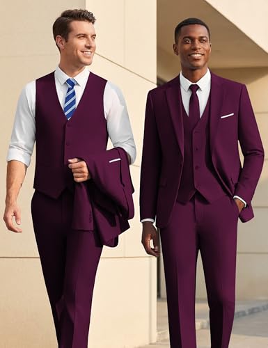 Image of WULFUL Men's Slim Fit Suit One Button 3-Piece Blazer Dress Business Wedding Party Jacket Vest & Pant