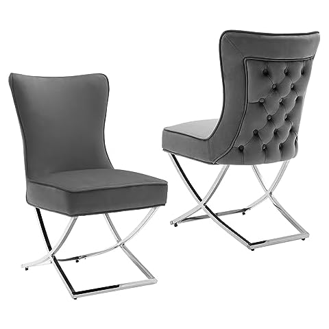 FOREDO Modern Stainless Steel Legs Velvet Dining Chairs Set of 2, Royal Comfortable Upholstered Dining Chairs with Button Tufted Back Solid Piping Around Dining Room Chairs, Dark Grey Cover