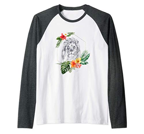 Lion Cadeau Fleur Cadre Aquarelle Noir Manche Raglan