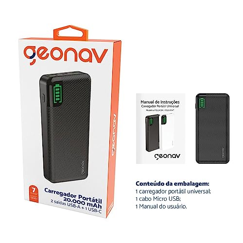 Geonav Power Bank, Carregador Portátil Universal 20.000mAh, 2 saídas USB QC 3.0 para carregamento rá