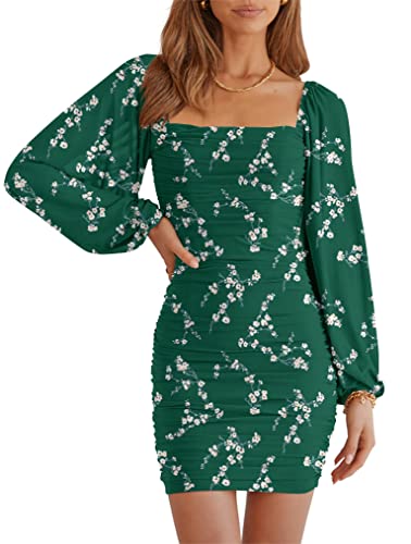Mascomoda Women Elegant Square Neck Lantern Long Sleeve Mini Ruched Bodycon Dress Stretch Mesh Slim Party Cocktail Dresses(Large,Floral Dark Green) #TOP6