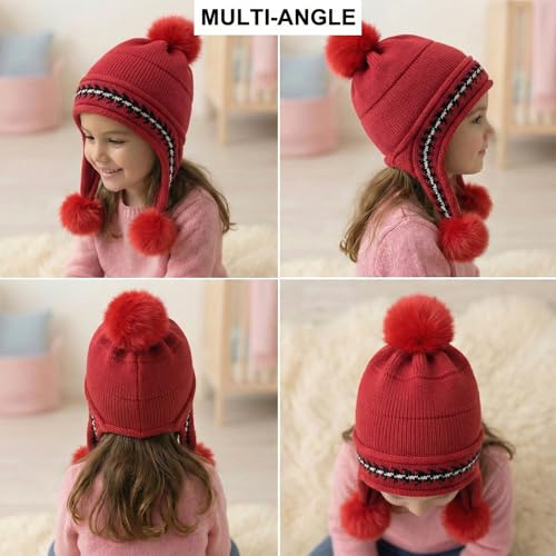 Image of Kraptick Children's Winter Cap: Velvet Thick Warm Woolen Knit Hat with Ear Protection for Children Stylish Korean Beanie with Long Pompom Ears & Fleece Lining Perfect for Winter -4