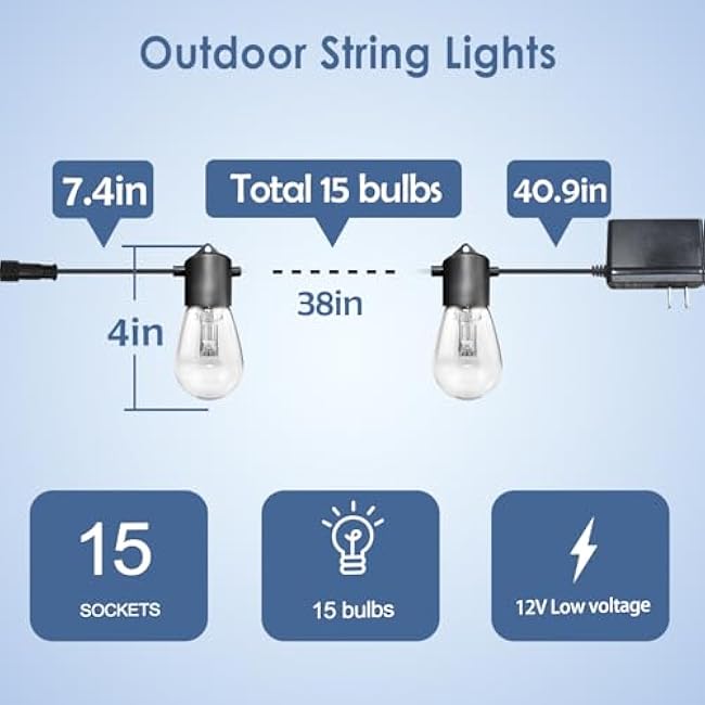 GANA 12V Low Voltage & Safe LED Outdoor String Lights,48FT 15 Shatterproof Bulbs, 2200K Warm White Pergola Lights for Your House's, Garden, Fence, Porch,Balcony,and Bistro