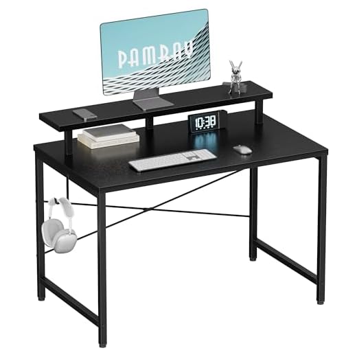 Pamray 32 Inch Small Computer Desk with Monitor Stand, Simple Office Desk with Headphone Hook for Small Spaces, Kids Study Writing Table for Bedroom, Black