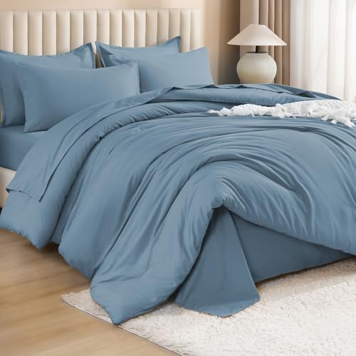 Image of Litanika Comforter Queen Size Set Grayish Blue - 7 Pieces Bed in a Bag Queen Bedding Comforter Sets, Plain Lightweight Bed Set with Comforter, Sheets, Pillowcases & Shams