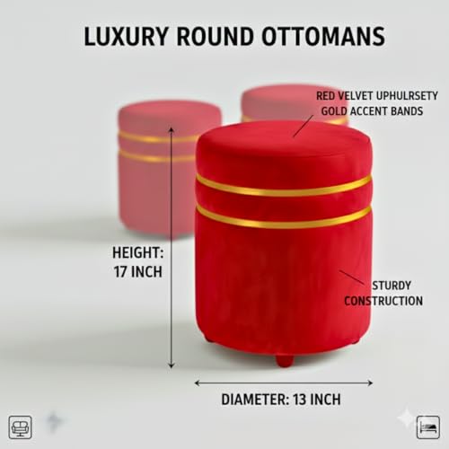 Image of Decorative Ottoman Pouffes for Sitting - Two-Piece Set of Puffy Stools and Footstools - Round Ottoman Stool for Living Room Furniture (RED)