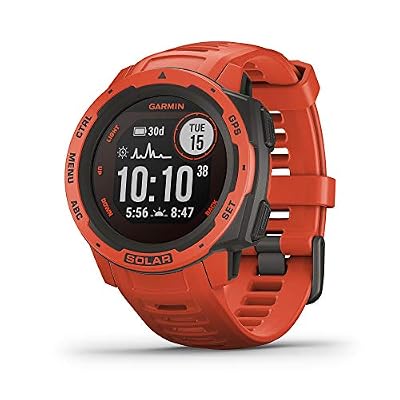 Garmin Instinct Solar, Solar-Powered Rugged Outdoor Smartwatch, Built-in Sports Apps and Health Monitoring, Flame Red