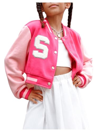 WDIRARA Girl's Letter Print Color Block Baseball Jacket Button Front Long Sleeve Varsity Jacket Outerwear