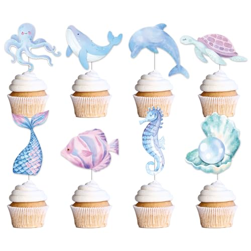 Wxiben Under the Sea Party Decorations - 48PCS Ocean Animal Cupcake Toppers Under the Sea Party Cake Topper Decorations Cartoon Mermaid Tail Octopus Turtles Under the Sea Baby Shower Decor Supplies