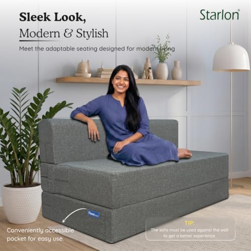 Image of Starlon 3 Seater Foldable Sofa Cum Bed 3-in-1 with 2 Floral Pattern Pillows, Washable Jute Fabric Cover, Space Saving Guest Bed, Pre-Assembled Ash Gray 5x6 Ft