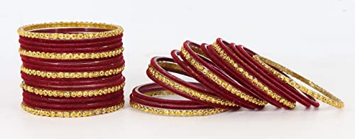 Image of NMII Premium Glass & Golden Beads Velvet Bangle Set For Women and Girls | Velvet Chudi | Traditional Chudi Set | Designer Girl's Bangles Bracelet | Wedding, Party, Festive, Daily- Set of 34