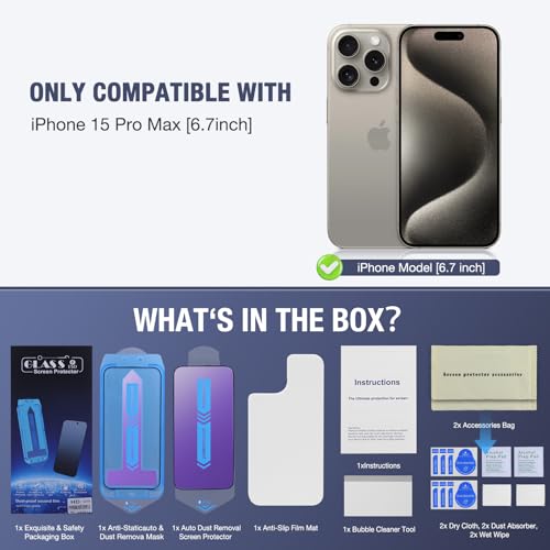 Image of 2-Pack Anti Blue Light Matte Screen Protector for iPhone 15 Pro Max 6.7-inch,9H Tempered Glass, Full Coverage, Anti-Fingerprint, Auto Dust-Elimination, No Bubble, Easy Installation