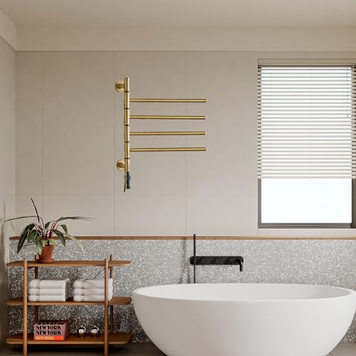 Toallero eléctrico de Pared, Calentador de Toallas para baño Giratorio 180°, con Pantalla LED y Temporizador, Control de Temperatura, enchufable, Dorado