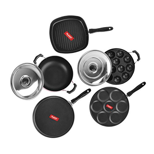 Image of Sumeet Aluminium 2.6mm Thick Non-Stick Rubrum Cookware Set (Dosa Tawa 26.5cm Dia + Multi Snack Maker 26.5cm Dia + Kadhai with Lid 1.5Ltr + Grill Appam Patra with Lid 23cm Dia + Grill Pan 1.1Ltr, Red)