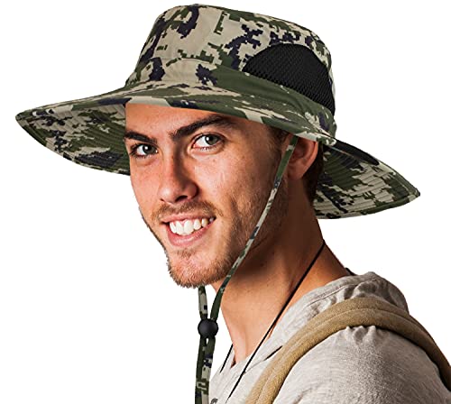 SUN CUBE Wide Brim Sun Hat Men Women, Mens Fishing Hats Sun UV Protection, Womens Hiking Bucket Hat, Outdoor Summer Safari Beach Boonie, Camping Unisex UPF 50+ Camo Green