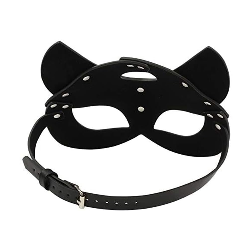 2 piezas de accesorios de juego de rol de cuero PU negro para fiestas, látigo y máscara de zorro