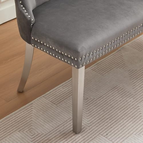 Image of 45.6''Velvet Dining Bench, Button Tufted Upholstered Dining Table Bench with Wing Highback, Nailhead Decoration, Small Loveseat Sofa with Silver Stainless Steel Legs, Mid Century Modern Seating, Grey