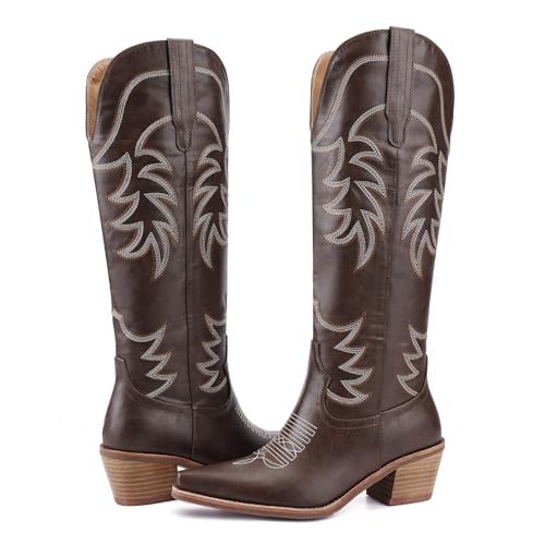 Women's Cowboy Boots Mid Calf Cowgirl Embroidered Stitched Western Boots Snip Toe Chunky Heel Pull On Fashion Tall Boots 5