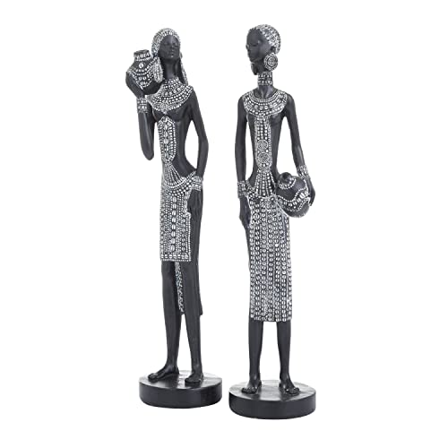 Deco 79 Polystone Woman Standing African Sculpture With Intricate Details, Set Of 2 3"W, 14"H, Black #TOP8