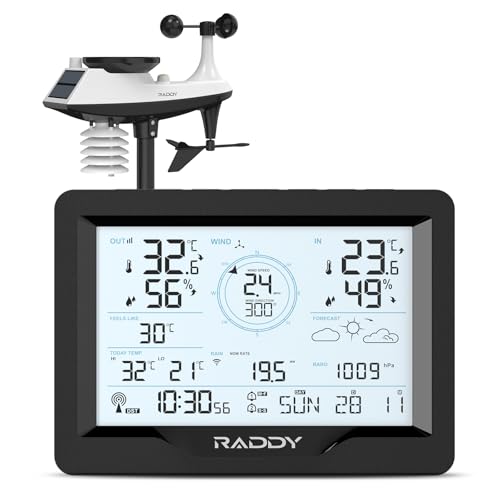 Raddy MN6 Lite Wetterstation mit außensensor, 5-in-1 Innen-Außenthermometer, Temperatur-Luftfeuchtigkeit-Luftdruck-Monitor mit DCF-Atomuhr, Wettervorhersage, Windgeschwindigkeit, Niederschlag