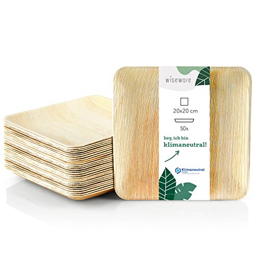 Wiseware Palmblatt Teller - 50 Stück Einwegteller quadratisch 20 x 20 cm - biologisch abbaubares Palmblattgeschirr - kompostierbares Partygeschirr - Bio Einweggeschirr Cover