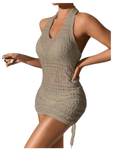 SHENHE Women's Hollow Out Cover Up Dress Drawstring Side Halter Sleeveless Beach Swimsuit4