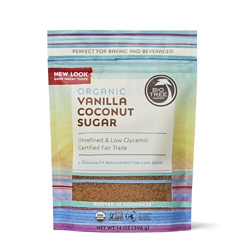 Big Tree Farms Organic Vanilla Coconut Sugar - Coconut Palm Sugar, Unrefined, Fine Crystals, Cane Sugar Replacement, Coconut Blossom Nectar, Vegan, Perfect for Baking - 14 Oz (Pack of 3)
