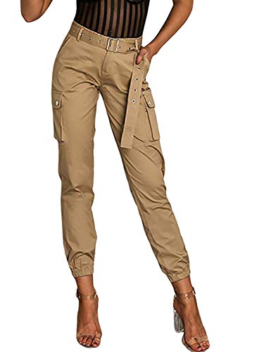 Milumia Women Cargo Work Pants Tapered Mid Waist Office Trousers Pockets Khaki XL