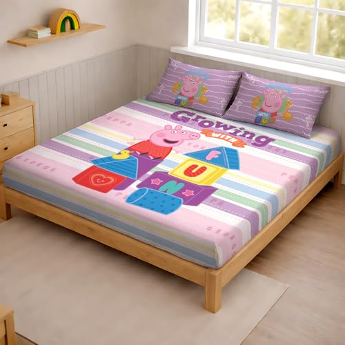 Image of Sassoon Peppa Pig Fun Digital Printed 100% Cotton Bedsheet with 2 Pillow Covers in 300TC