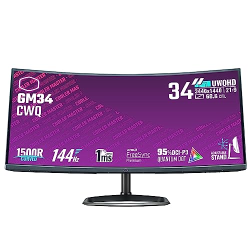 Cooler Master GM34-CW Monitor Curvo Gaming – 34″ 1500R UWQHD (3440×1440) 144Hz/1ms Panel VA Quantum Dot LED (Display HDR 400), AMDFreeSync 2, Altavoces, Soporte Aluminio, DP y HDMI – Enchufe EU
