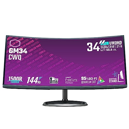 Cooler Master GM34-CW Monitor Curvo Gaming - 34" 1500R UWQHD (3440x1440) 144Hz/1ms Panel VA Quantum Dot LED (Display HDR 400), AMDFreeSync 2, Altavoces, Soporte Aluminio, DP y HDMI - Enchufe EU