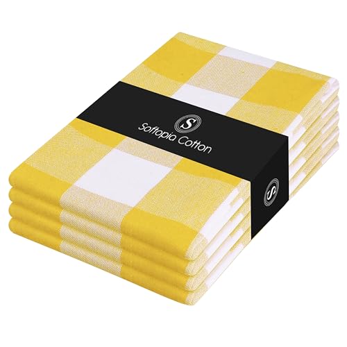 Image of Buffalo Check Kitchen Towels, 16x26 Inches, 4 Pack Plaid Tea Towels, Reusable Cotton Dish Cloths, Quick Drying, Absorbent Towel for Cooking, Drying Dishes, Lemon Yellow and White