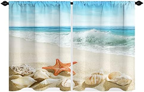 Tropical Beach Sea Save Starfish Shell Kitchen Curtains Rod Pocket Cafe Bathroom Small Window Curtain 2 Panels 27.5" W×39" L White, Blue
