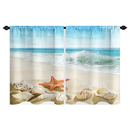 Tropical Beach Sea Save Starfish Shell Kitchen Curtains Rod Pocket Cafe Bathroom Small Window Curtain 2 Panels 27.5" W×39" L White, Blue #TOP1