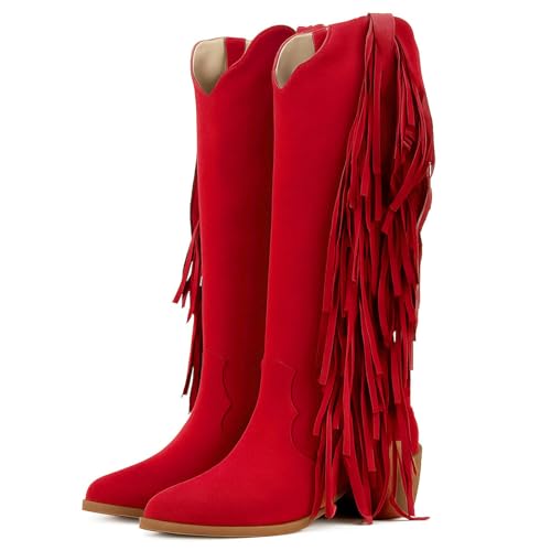 Image of KiutSymo Cowgirl Fringe Boots For Women White Tassels Cowboy Boots Knee High Pointed Toe Western Boots