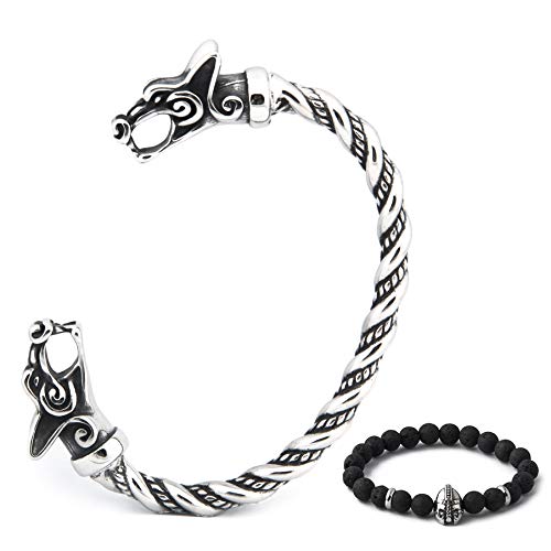 Image of BAVIPOWER Viking Double Wolf ScandinavianStainless Steel Bracelet