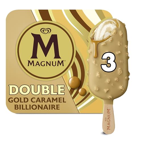 Magnum Double Gold Caramel Billionaire with golden caramel chocolate made from Rainforest Alliance Certified cocoa Ice Cream Sticks biscuit and pecan ice creams with a salted caramel sauce 3 x 85 ml