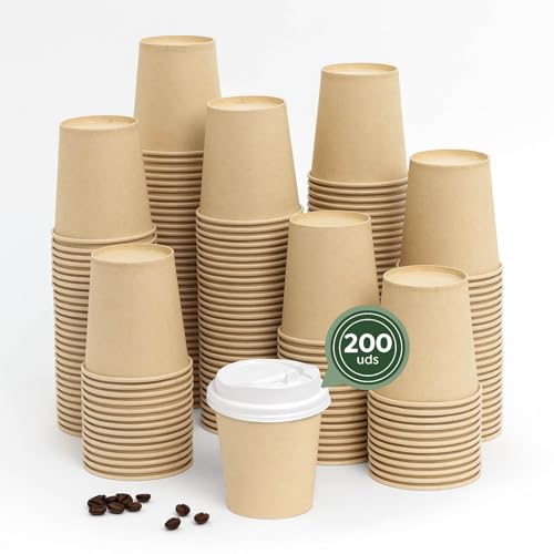 Maxi Products - 200 Vasos Cartón Kraft + Tapa Blanca - 200 cc (7 oz) - Vasos Desechables para Café para Llevar - Reciclables - Apto Alimentos Calientes - TAKE AWAY
