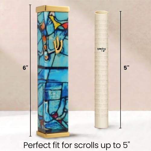 Image of SURI Mezuzah with Scroll for Door | 6 Inch Modern Aluminum Mezuzah Case | Fits 5 Inch Scroll | Gold & Silver Chagall-Inspired Design | Self Adhesive Easy Install | Judaica Jewish Gift