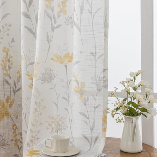 SUOUO Yellow Floral Semi-Sheer Curtains Linen Textured for Living Room