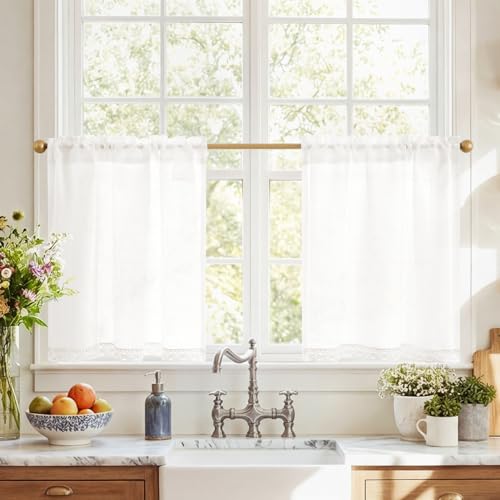 JINCHAN Linen Kitchen Curtains Lace Trim 24 Inch Farmhouse Cafe Curtains by jinchan - Used condition - CA$21.47